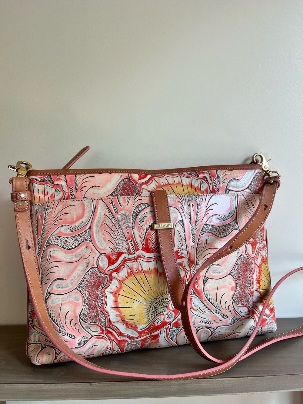 Brahmin Sunset Batik retired pattern with Leather Crossbody with Tan Trim